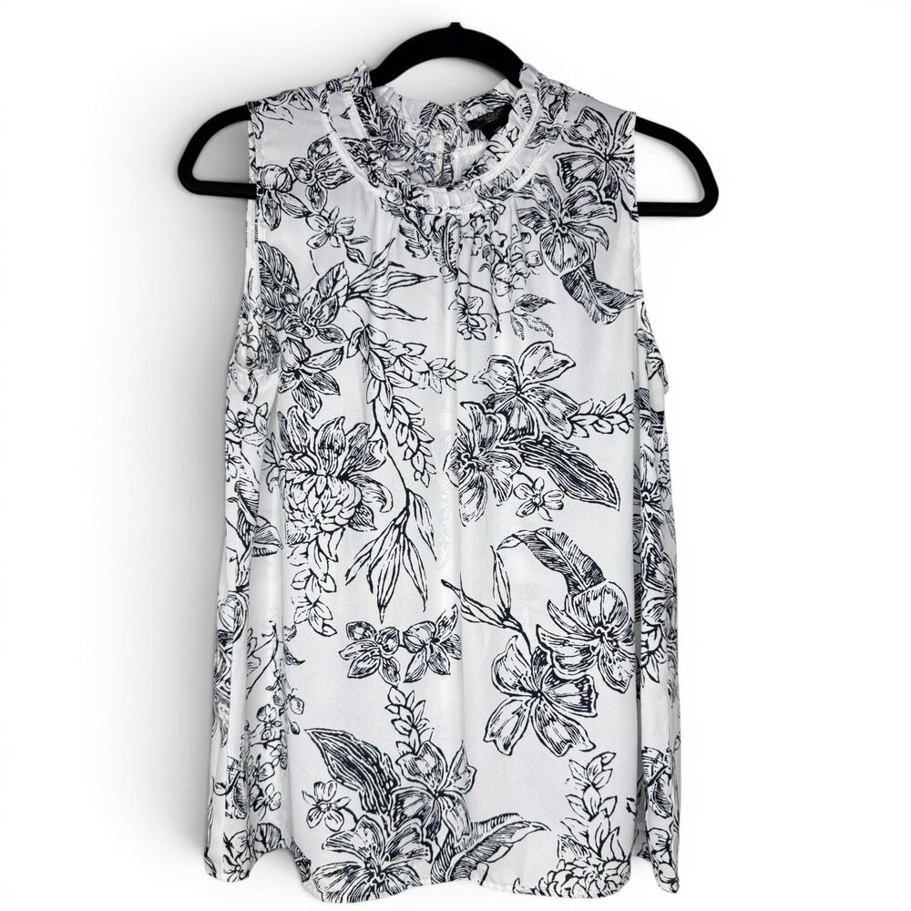Ann Taylor Factory Petites MP Black White Floral Sleeveless Ruffle Blouse